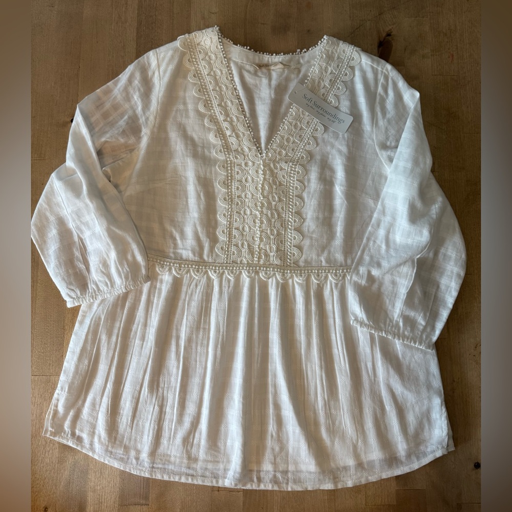 Soft Surroundings White Embroidered V-Neck Peasant Top